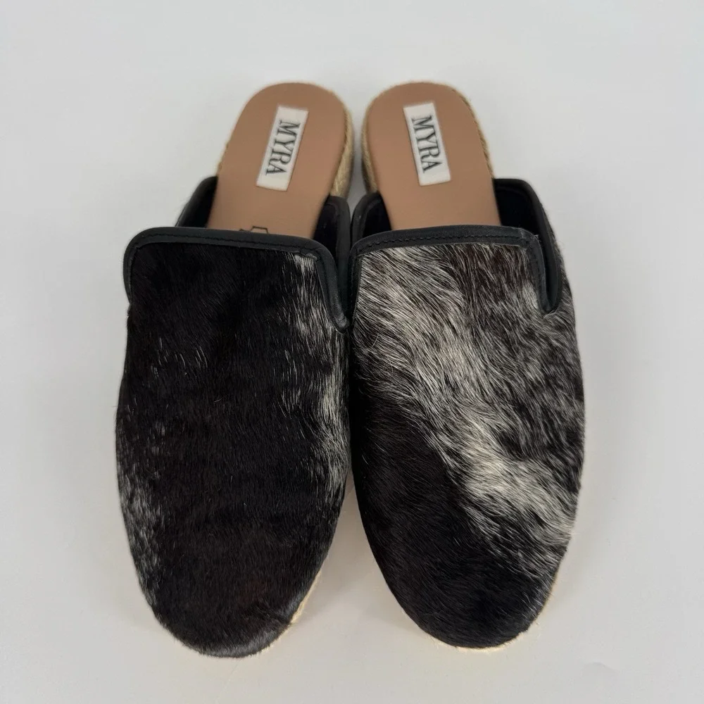 MYRA Ease Espadrilles Black and White Cowhide Leather Slip On Shoes‎ Women's 7